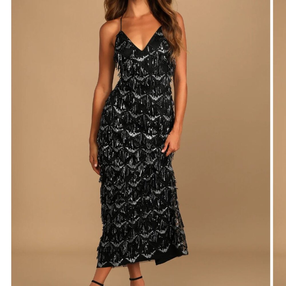 Lulus Marvelous Moment Maxi Dress XS Black Sequin Silver Party Glam Wedding